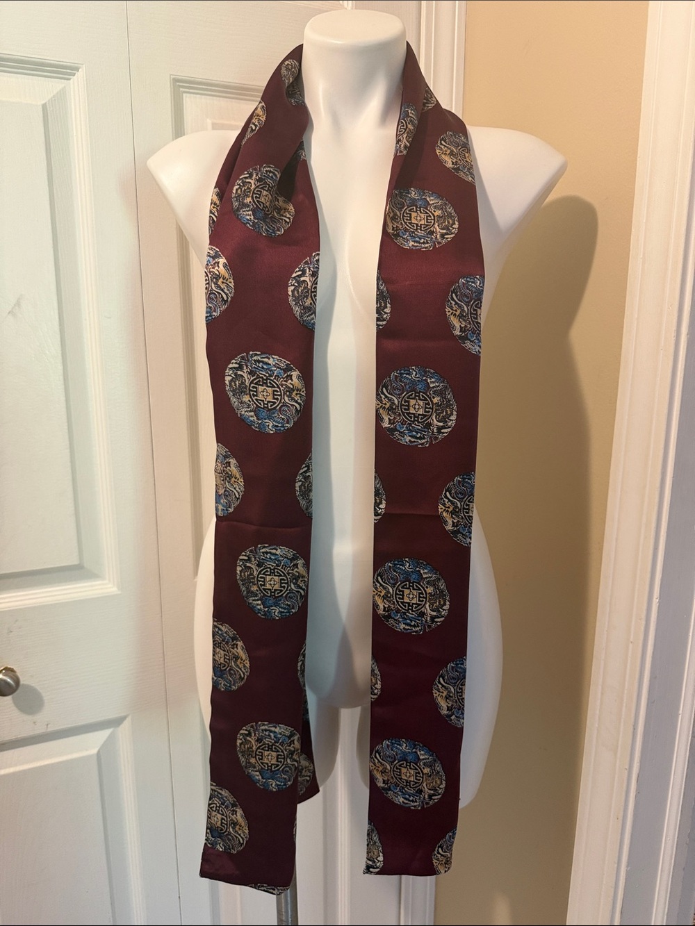 Vintage Burgundy Patterned Silk Scarf